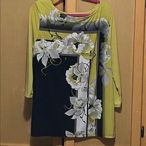 JM Collection Floral Blouse - Lime Green and Black